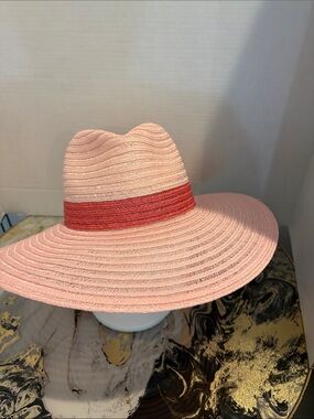 Eugenia Kim Pink Wide-Brim Straw Hat with Coral Band